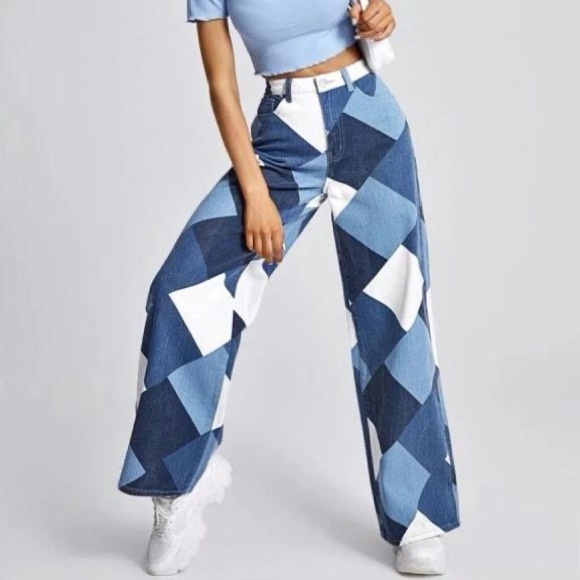 Diamond Patchwork Jesns Wide-Leg Denim – Statement Edition - Picture 10 of 14